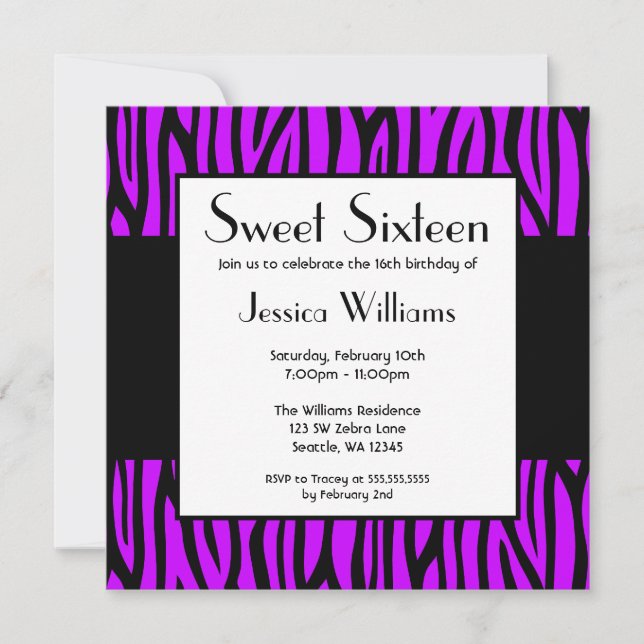 Purple Zebra Modern Sweet 16 Birthday Party Invitation (Front)