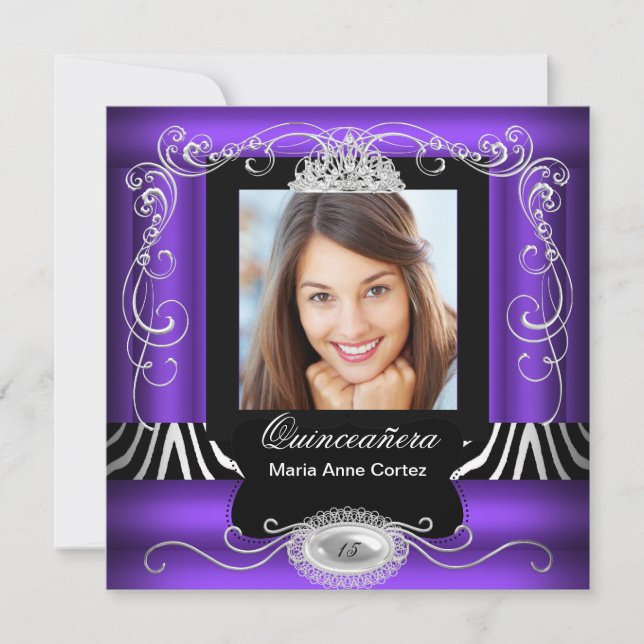 Purple Zebra Photo Quinceanera 15th Birthday Invitation (Front)