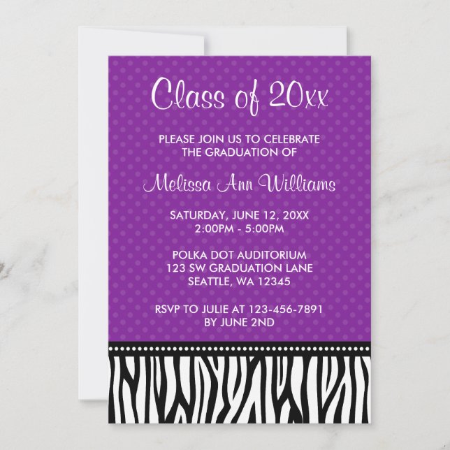 Purple Zebra Polka Graduation Announcement (Front)