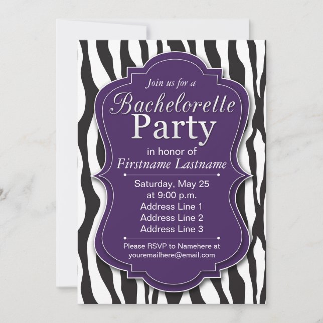 Purple Zebra Print Bachelorette Party Invitations (Front)