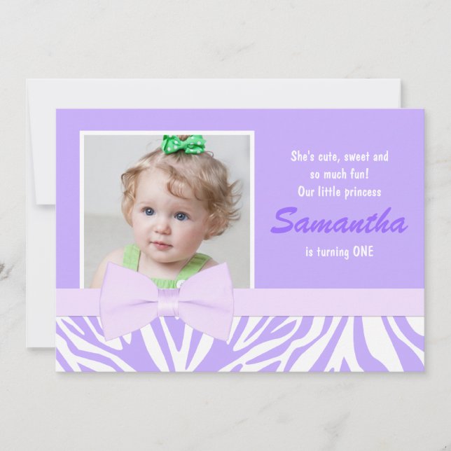 Purple Zebra Print Girls Birthday Party Photo Invitation (Front)