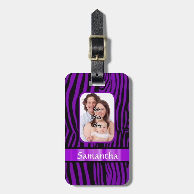 Purple zebra print luggage tag (Front Vertical)
