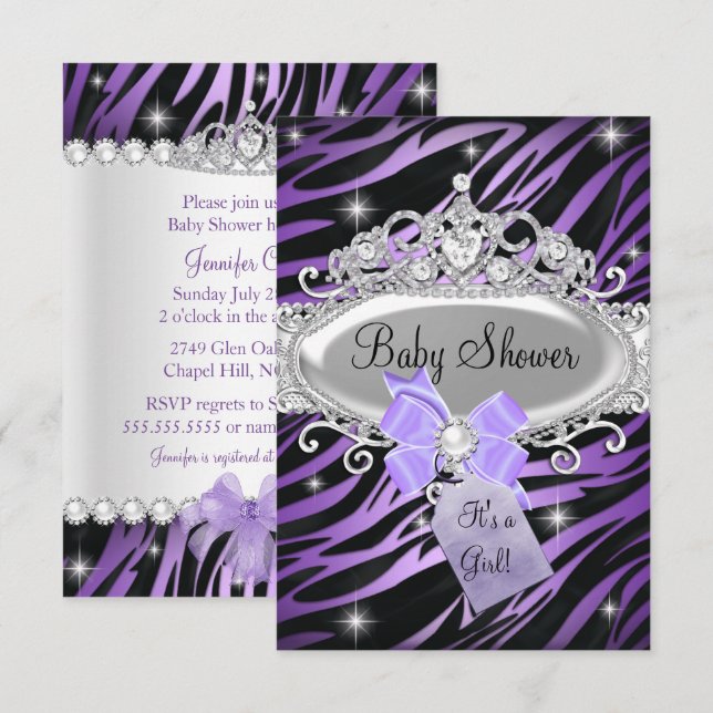 Purple Zebra Print & Princess Tiara Baby Shower Invitation (Front/Back)