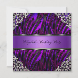 Purple Zebra Silver Floral Birthday Party Invitation