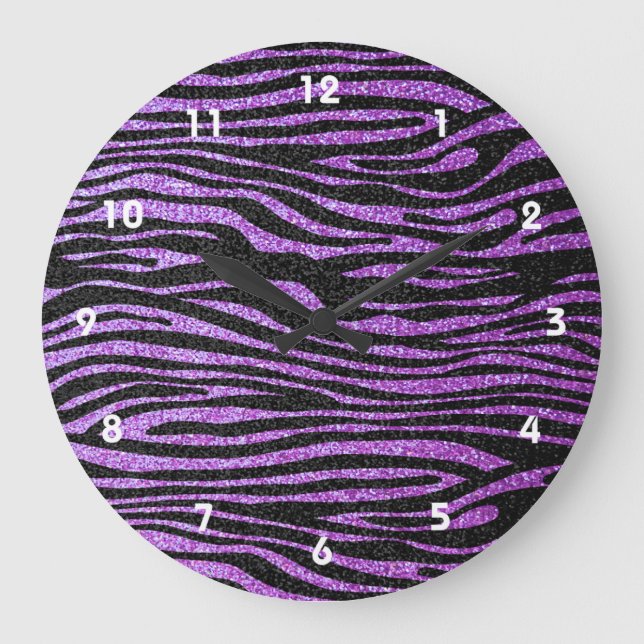 Purple Zebra stripe pattern (faux glitter bling) Large Clock (Front)