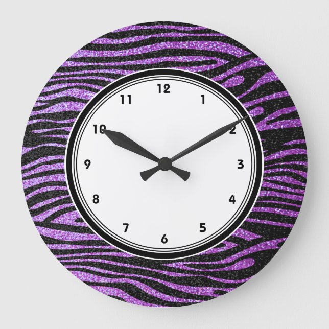 Purple Zebra stripes (faux glitter bling) Large Clock (Front)