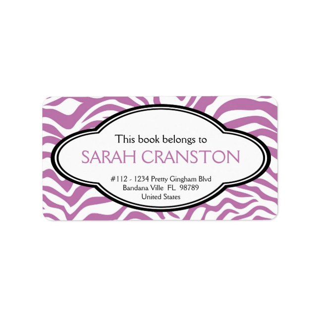 Purple Zebra Stripes Pattern Book plate Label (Front)