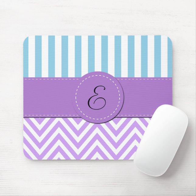 Purple Zigzag, Chevron, Blue Stripes, Monogram Mouse Mat (With Mouse)