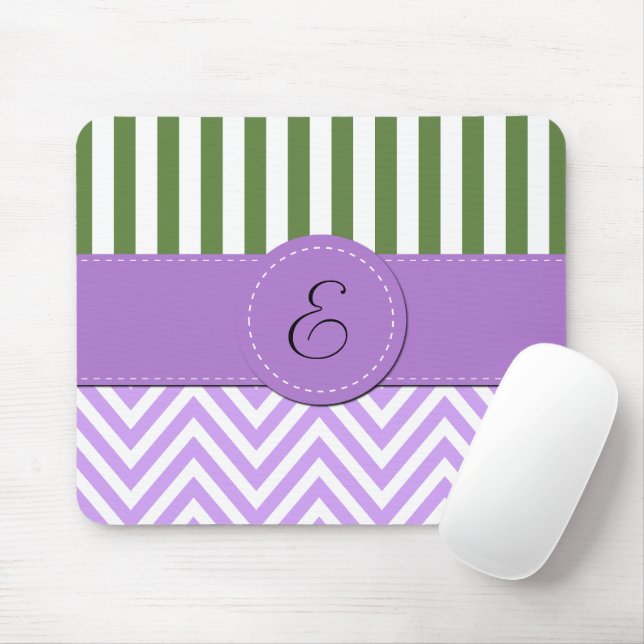 Purple Zigzag, Chevron, Green Stripes, Monogram Mouse Mat (With Mouse)