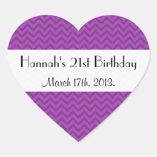 Purple Zigzag, Purple Chevron, Birthday Party Heart Sticker (Front)