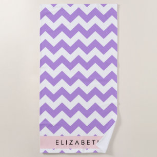 Purple Zigzag, Purple Chevron, Your Name Beach Towel