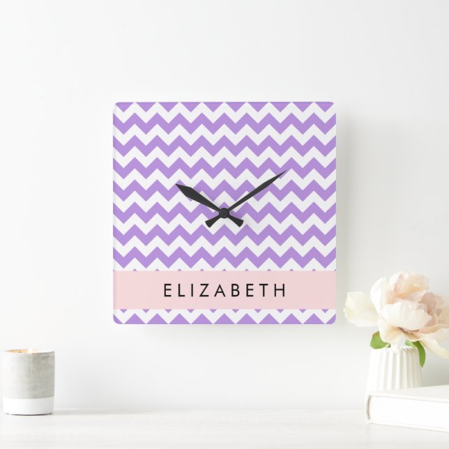 Purple Zigzag, Purple Chevron, Your Name Square Wall Clock (Home)
