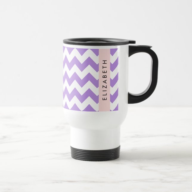 Purple Zigzag, Purple Chevron, Your Name Travel Mug (Right)