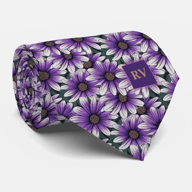 Purple Zion Flowers Monogrammed Tie (Rolled)