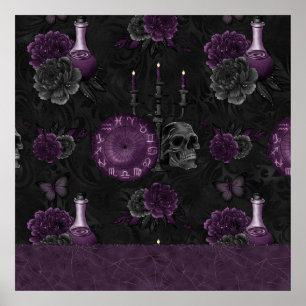 Purple Zodiac Magic   Dark Plum Gothic Skull Roses Poster
