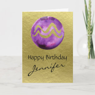 Purple Zodiac Sign Aquarius on Gold Background Holiday Card