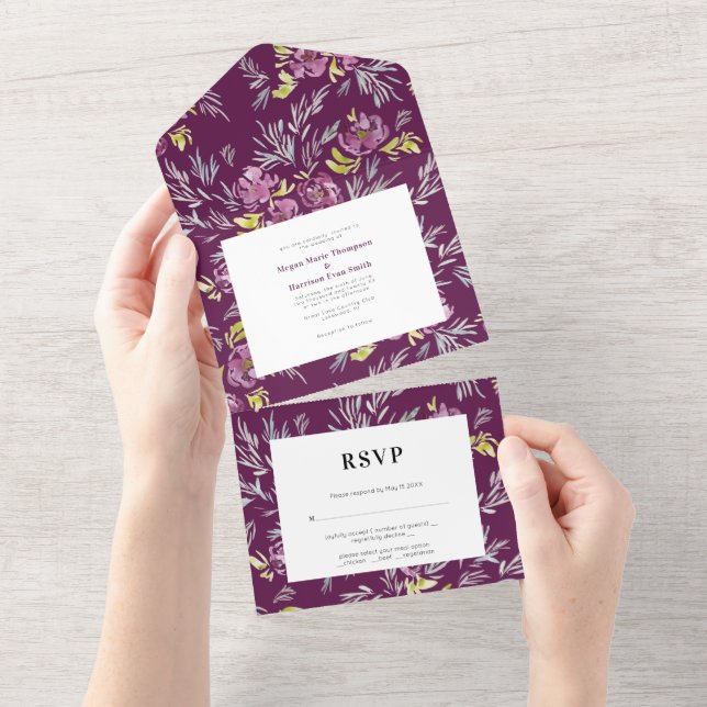 PurpleModern Watercolor Flower Wedding Invitation (Tearaway)