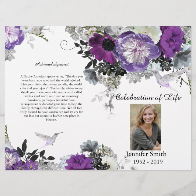 PurplePeony Hummingbird Funeral Program Flyer (Front)