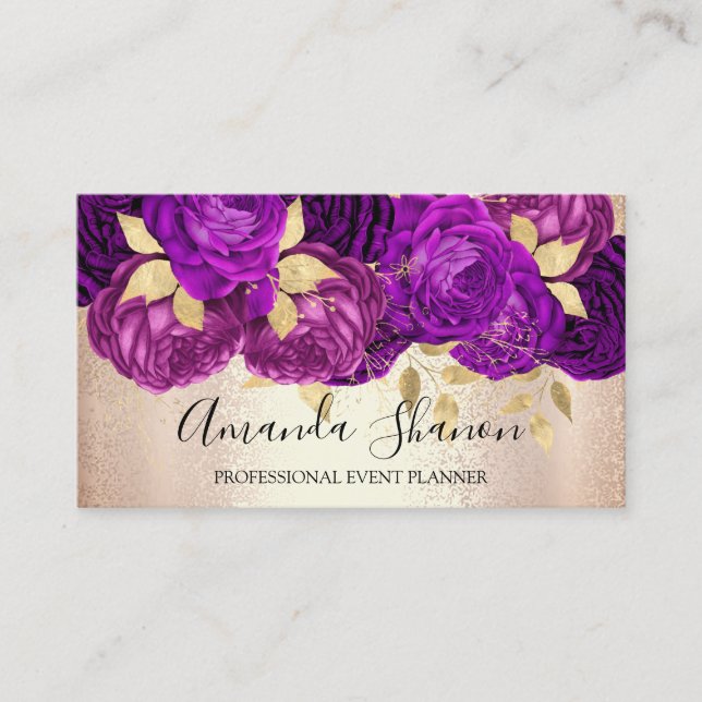 PurpleRose Gold Flowers Logo Event Planner QR Code Business Card (Front)