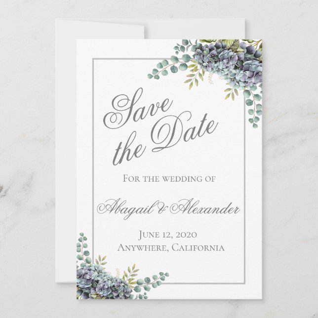 Purplish Hydrangeas Eucalyptus Save The Date Card (Front)