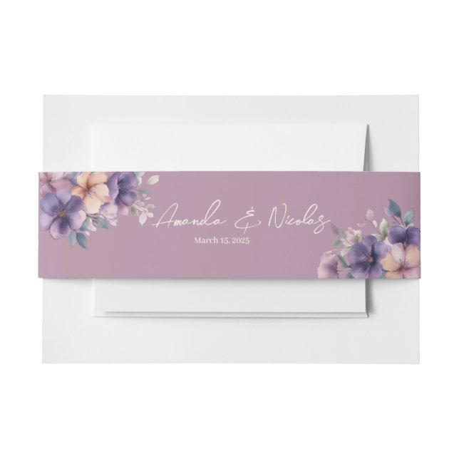 Purply pink flowers on Wedding Invitation Belly Band (Front Example)