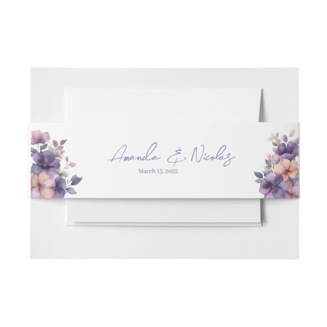 Purply pink flowers on Wedding Invitation Belly Band (Front Example)