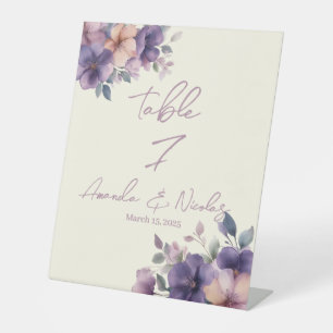 Purply pink flowers on Wedding Table Number Pedestal Sign
