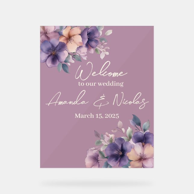Purply pink flowers on Wedding Welcome  Acrylic Sign (Front)