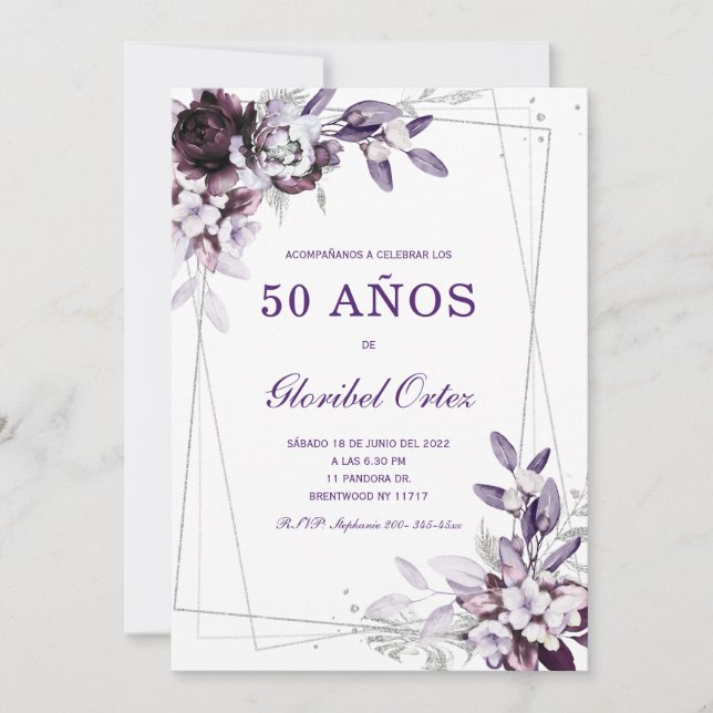 Púrpura y Lavanda Plata 50 cumpleaños plantilla de Invitation (Front)