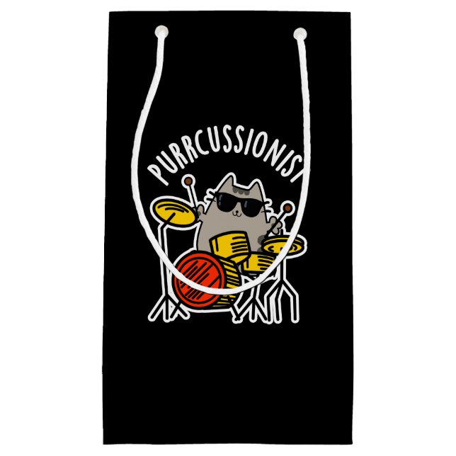 Purr-cussionist Funny Drummer Cat Pun Dark BG Small Gift Bag (Front)