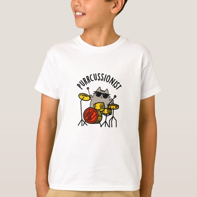 Purr-cussionist Funny Drummer Cat Pun  T-Shirt (Front)