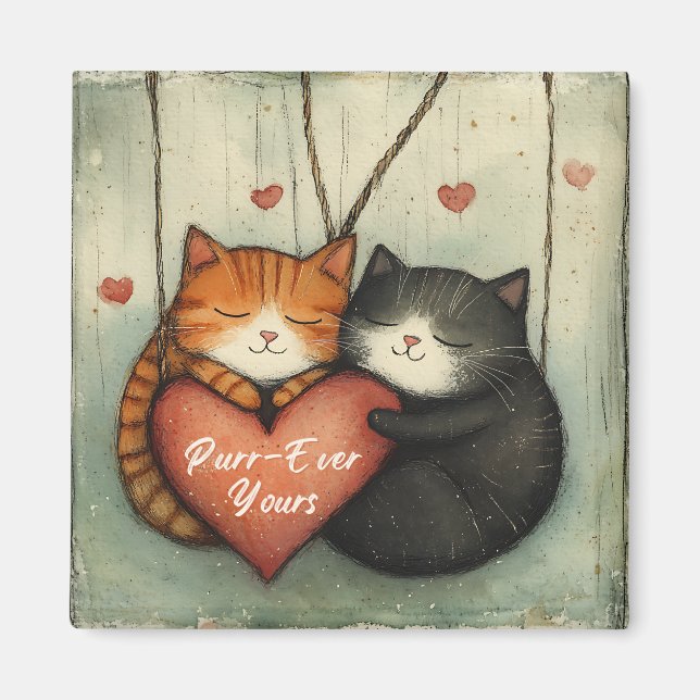 Purr-Ever Yours Kitty Cat Cuddles Illustrated Art Magnet (Front)