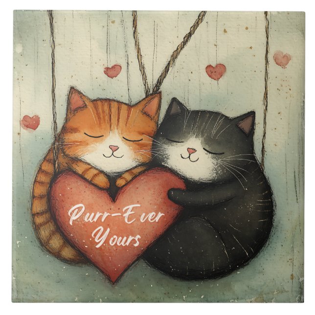 Purr-Ever Yours Kitty Cat Cuddles Illustrated Art Tile (Front)