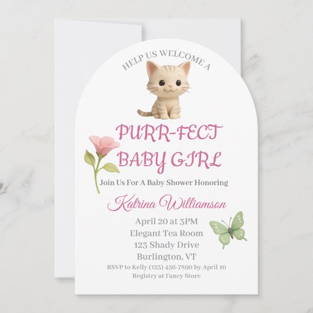 Purr-fect Baby Girl Kitten Baby Shower Invitation (Front)