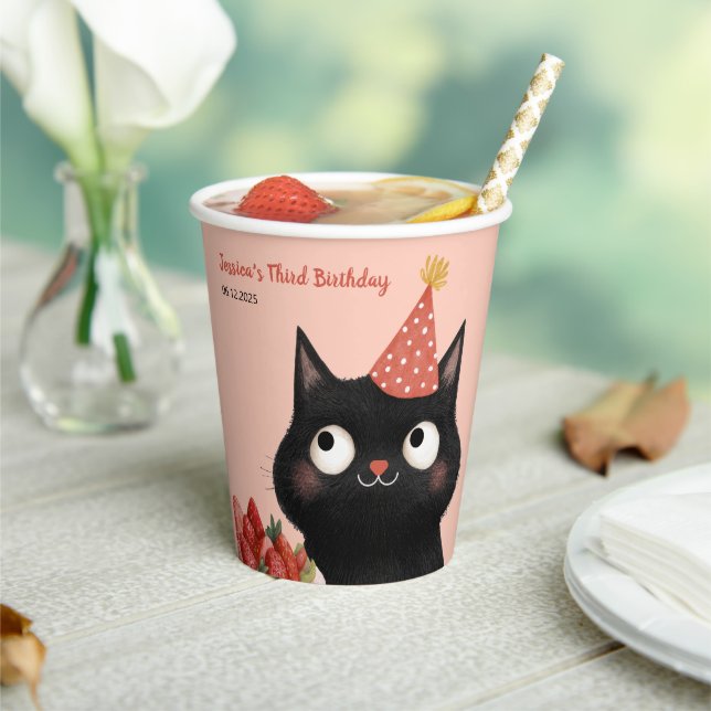 Purr-fect Black Cat Kids’ Birthday Party Pink  Paper Cups (Insitu)