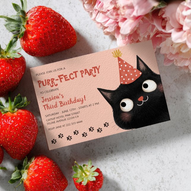 Purr-fect Black Cat Pink Kids’ Birthday Party  Invitation (Creator Uploaded)