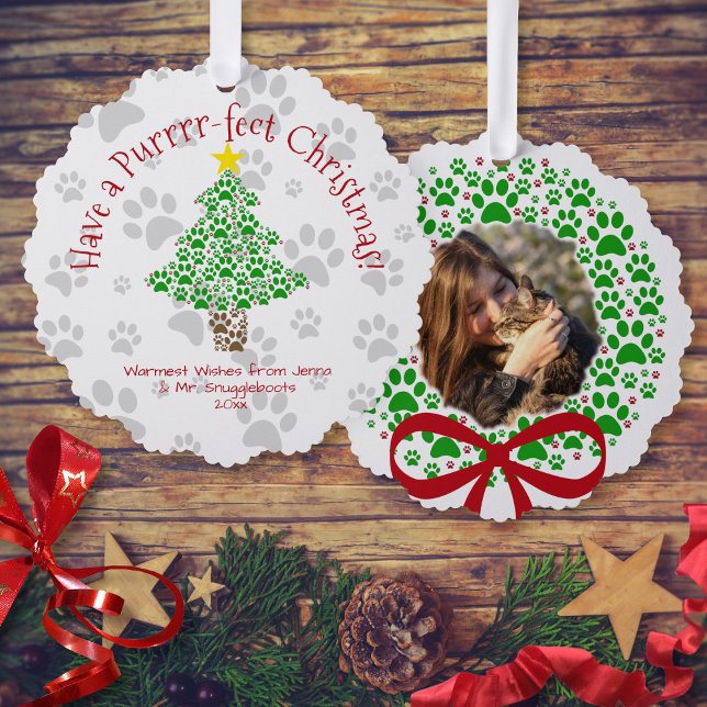 Purr-fect Christmas Fun Paw Prints Cat Photo Tree Decoration Card (In Situ with Decorations)