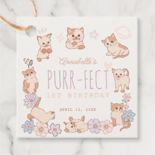 Purr-fect Cute Cats Floral Girl 1st Birthday Favour Tags
