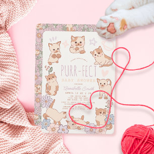 Purr-fect Cute Cats Floral Girl Baby Shower Invitation