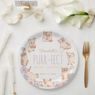 Purr-fect Cute Cats Floral Girl Baby Shower Paper Plate