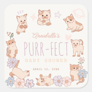 Purr-fect Cute Cats Floral Girl Baby Shower Square Sticker