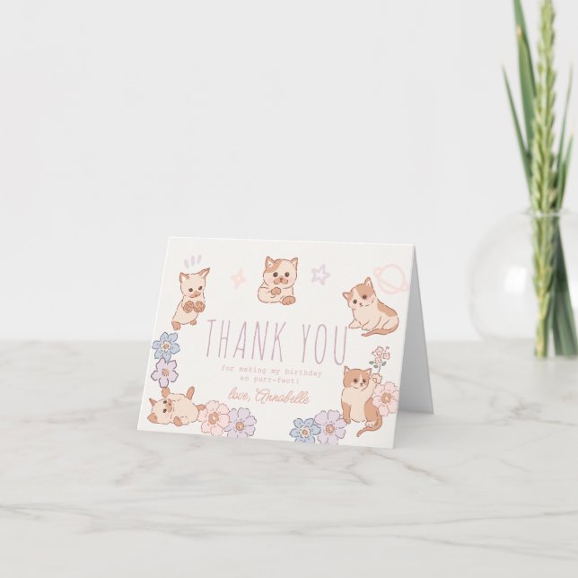 Purr-fect Cute Cats Floral Girl Birthday Thank You Card (Front)