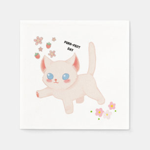 Purr-fect Day Cute Pink Cat Strawberry Paper Napki Napkin