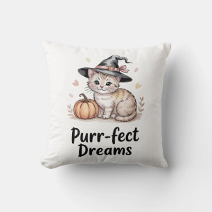 Purr-fect Dreams Cute Cat with Pumpkin Halloween Cushion
