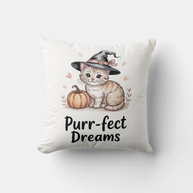Purr-fect Dreams Cute Cat with Pumpkin Halloween Cushion (Front)