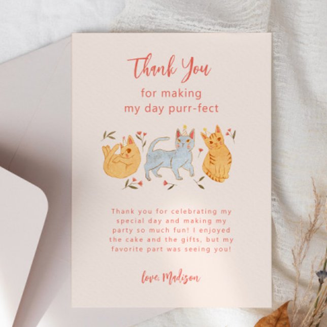Purr-fect Kitty Cat Pink Birthday Party Thank You Card (Creator Uploaded)