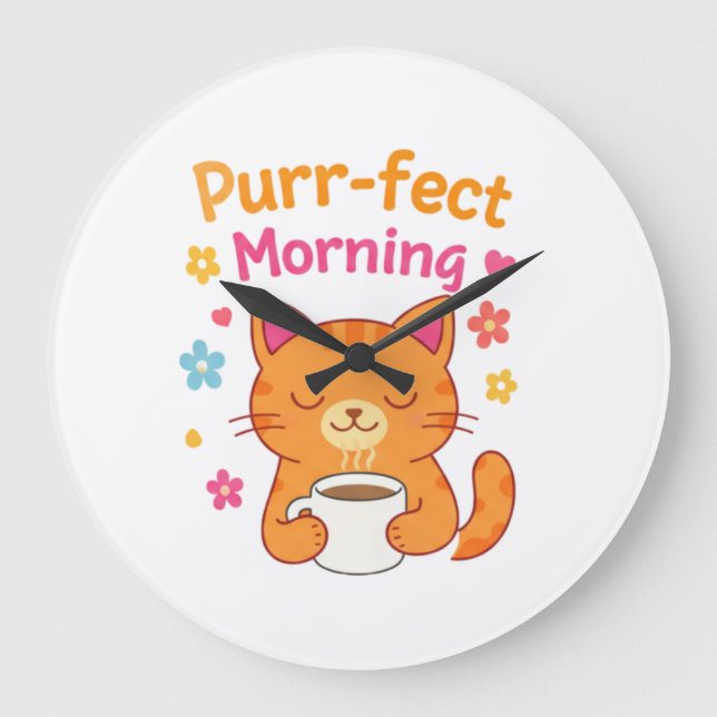 Purr-fect Morning Cat Coffee Mug – Cute Cat Lover  Large Clock (Front)