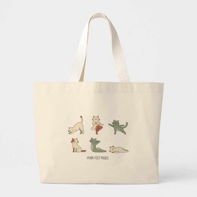 "Purr-fect Poses" Minimalist Cat Yoga Large Tote Bag (Front)