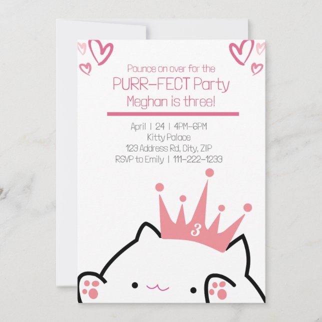 Purr-fect Princess Pink Cat Girl Birthday  Invitation (Front)