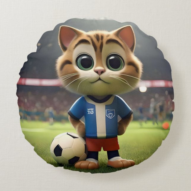 "Purr-fect Striker: The 3D Soccer Cat" Round Cushion (Front)